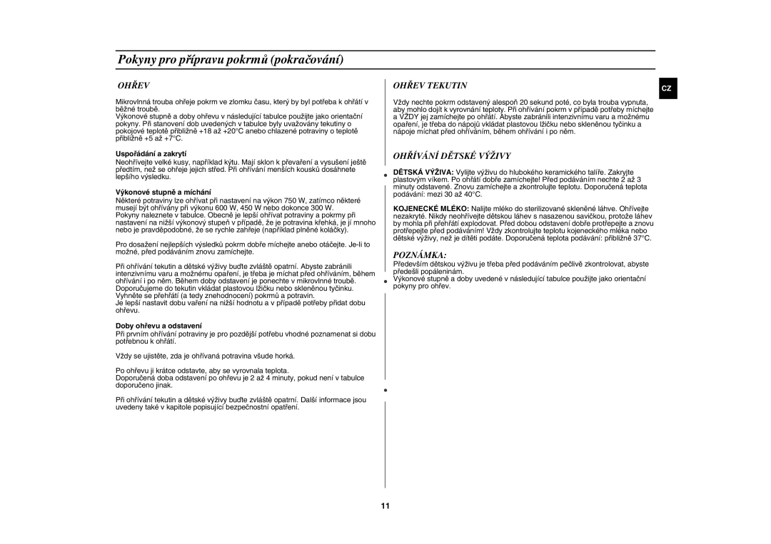 Samsung G2711N/XEH manual Ohřev Tekutin, Ohřívání Dětské Výživy, Poznámka 