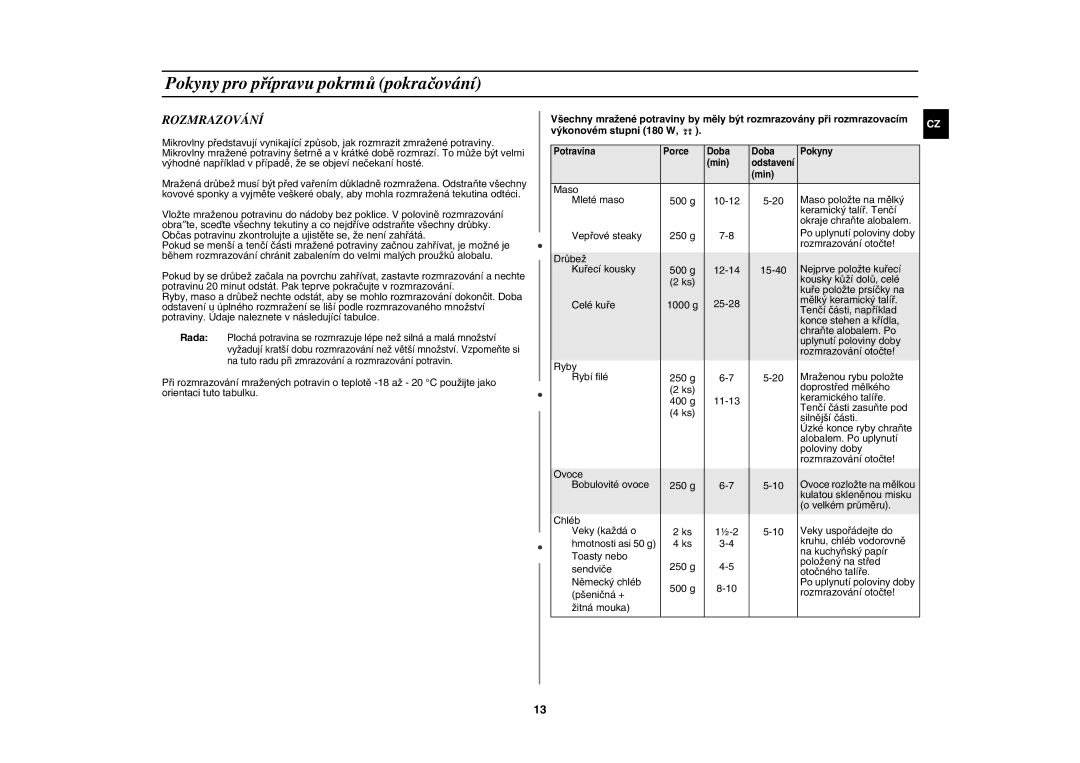 Samsung G2711N/XEH manual Rozmrazování, Výkonovém stupni 180 W 