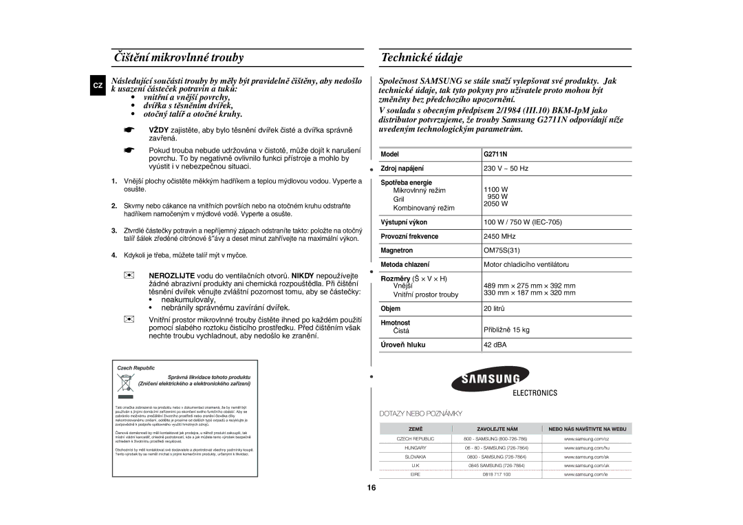 Samsung G2711N/XEH manual Čištění mikrovlnné trouby, Technické údaje, Úroveň hluku 