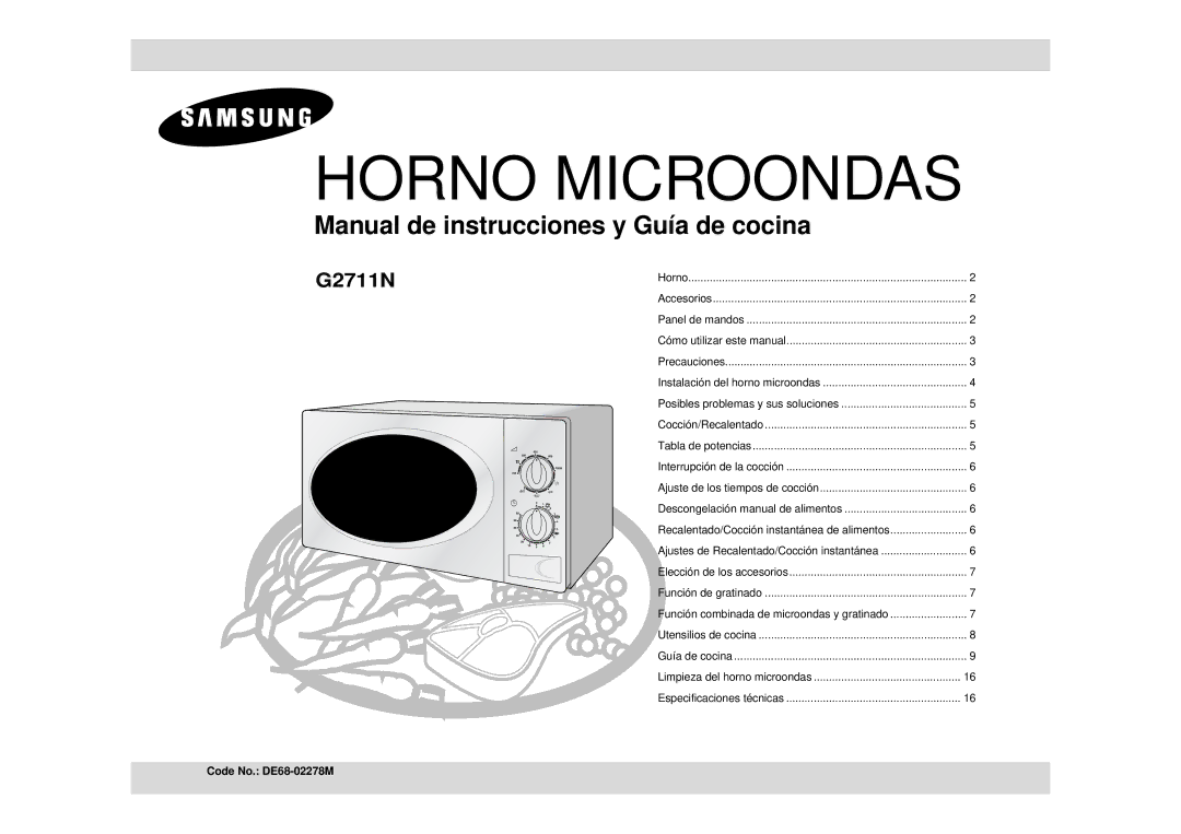 Samsung G2711N/XEC, G2711N/XET, G2711N-P/XEC manual Horno Microondas, Code No. DE68-02278M 