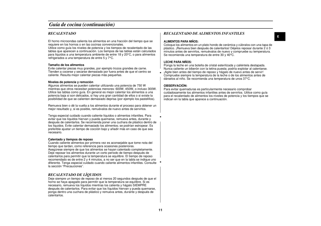 Samsung G2711N-P/XEC, G2711N/XET, G2711N/XEC Recalentado DE Líquidos, Recalentado DE Alimentos Infantiles, Observación 