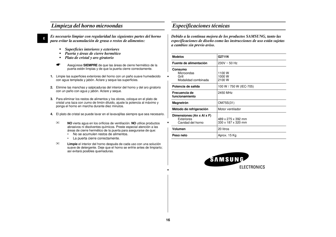 Samsung G2711N/XEC, G2711N/XET, G2711N-P/XEC manual Limpieza del horno microondas Especificaciones técnicas 