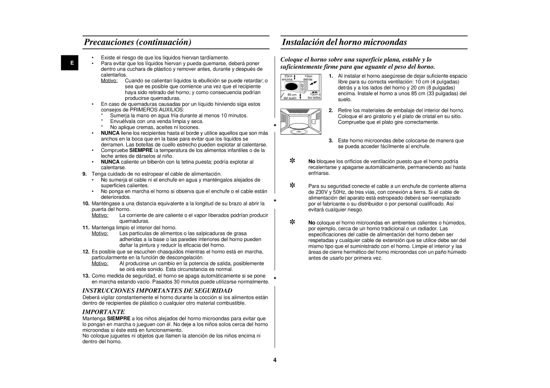 Samsung G2711N/XEC Precauciones continuación, Instalación del horno microondas, Instrucciones Importantes DE Seguridad 