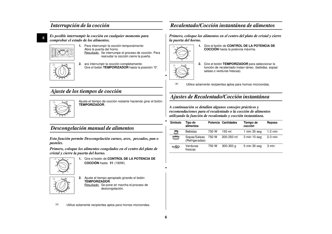 Samsung G2711N/XET Interrupción de la cocción, Ajuste de los tiempos de cocción, Descongelación manual de alimentos 