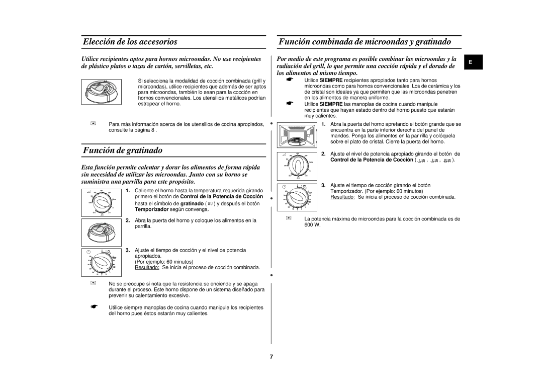 Samsung G2711N/XEC, G2711N/XET manual Elección de los accesorios, Función de gratinado, Control de la Potencia de Cocción 