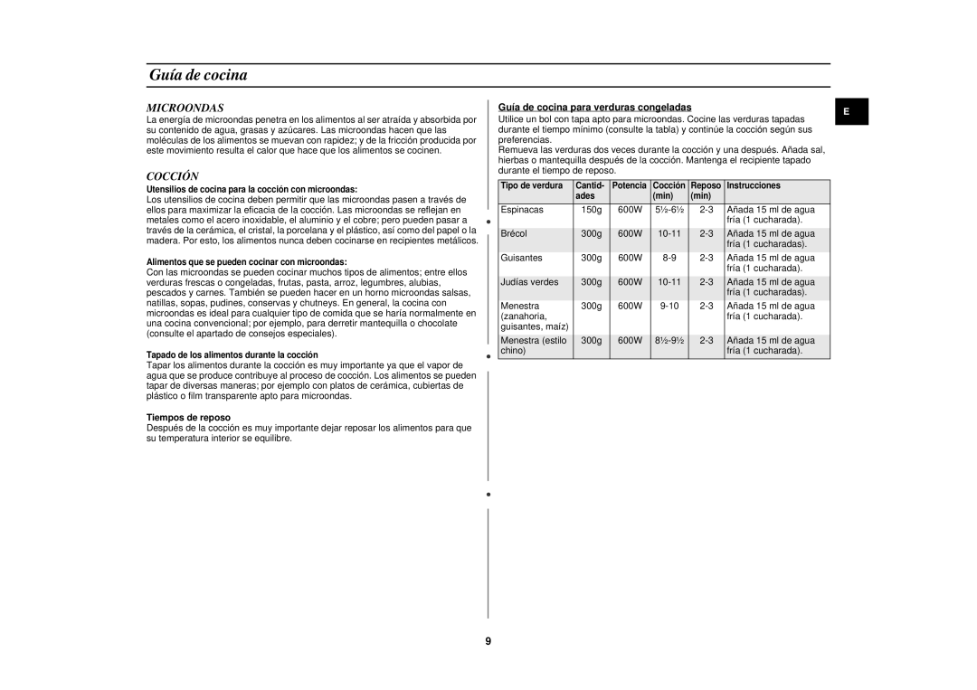 Samsung G2711N/XET, G2711N/XEC manual Microondas, Cocción, Tiempos de reposo, Guía de cocina para verduras congeladas 