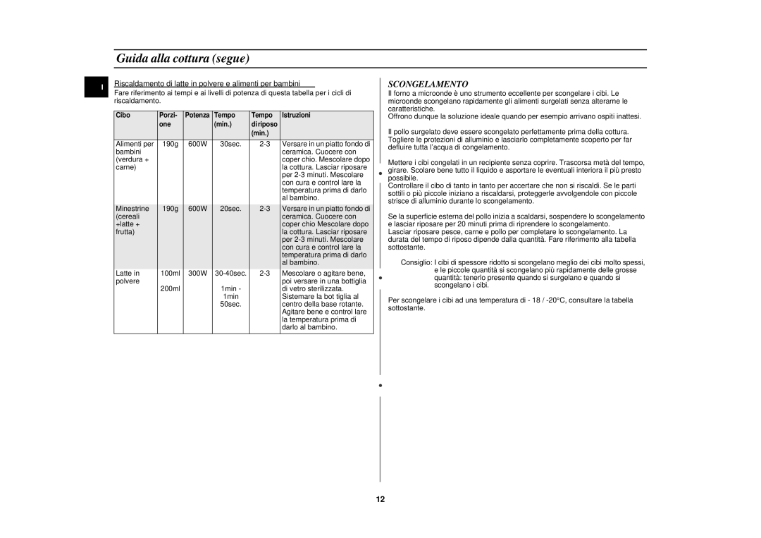 Samsung G2711N/XET manual Scongelamento, Riscaldamento di latte in polvere e alimenti per bambini 