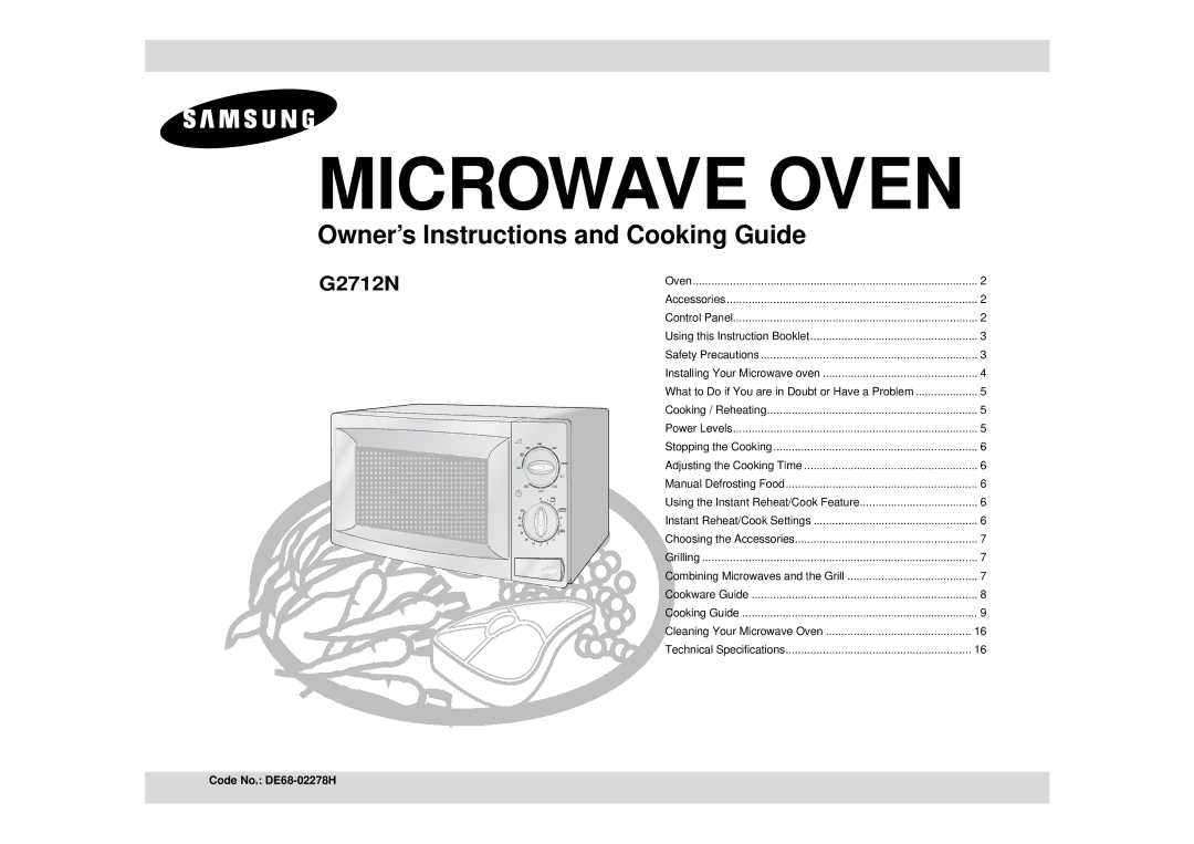 Samsung G2712N manual Microwave Oven, Code No. DE68-02278H 