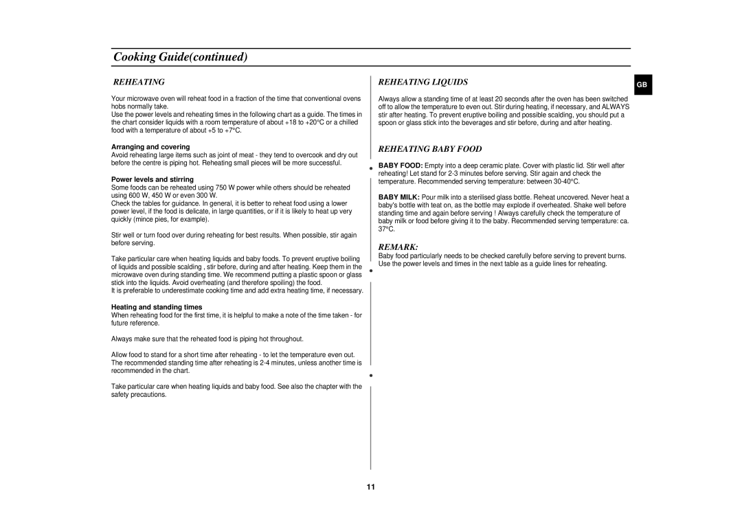 Samsung G2712N manual Reheating Baby Food, Remark 