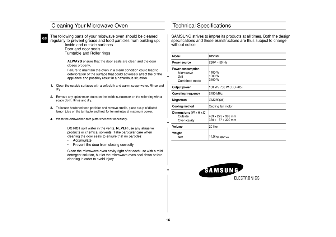 Samsung G2712N manual Cleaning Your Microwave Oven Technical Specifications, Dimensions W x H x D 