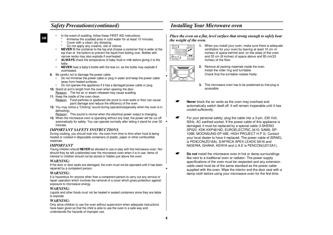 Samsung G2712N manual Installing Your Microwave oven, Important Safety Instructions 