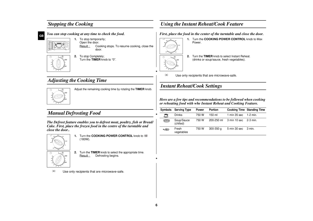 Samsung G2712N manual Stopping the Cooking Using the Instant Reheat/Cook Feature, Adjusting the Cooking Time 