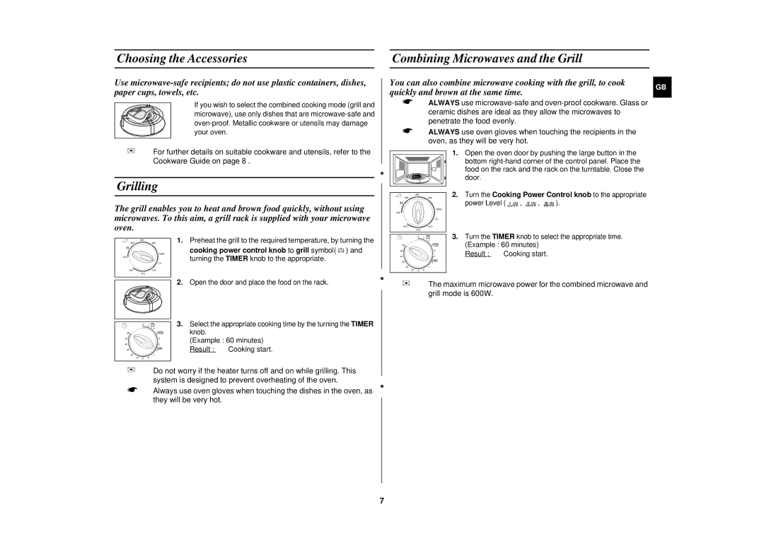 Samsung G2712N manual Choosing the Accessories Combining Microwaves and the Grill, Grilling 
