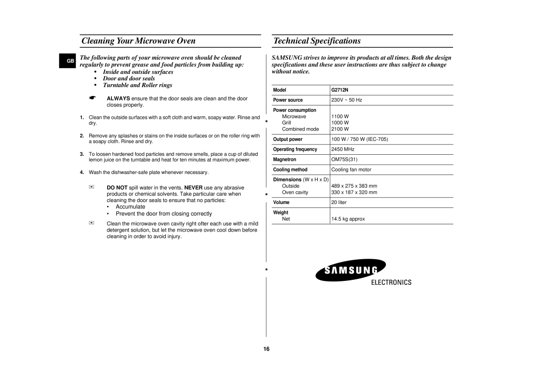 Samsung G2712N/STV, G2712NR/BWT, G2712N/ALB, G2712N/BOL, G2712N/ERP Cleaning Your Microwave Oven Technical Specifications 