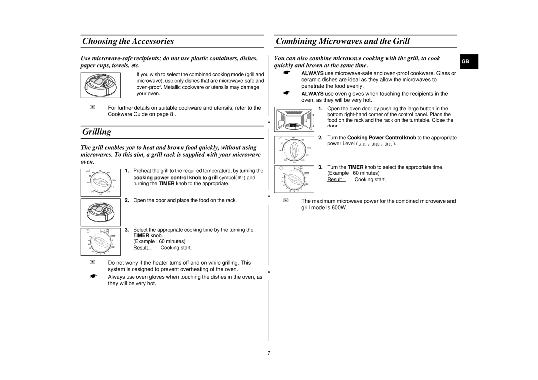 Samsung G2712NR/BWT, G2712N/ALB, G2712N/STV manual Choosing the Accessories Combining Microwaves and the Grill, Grilling 