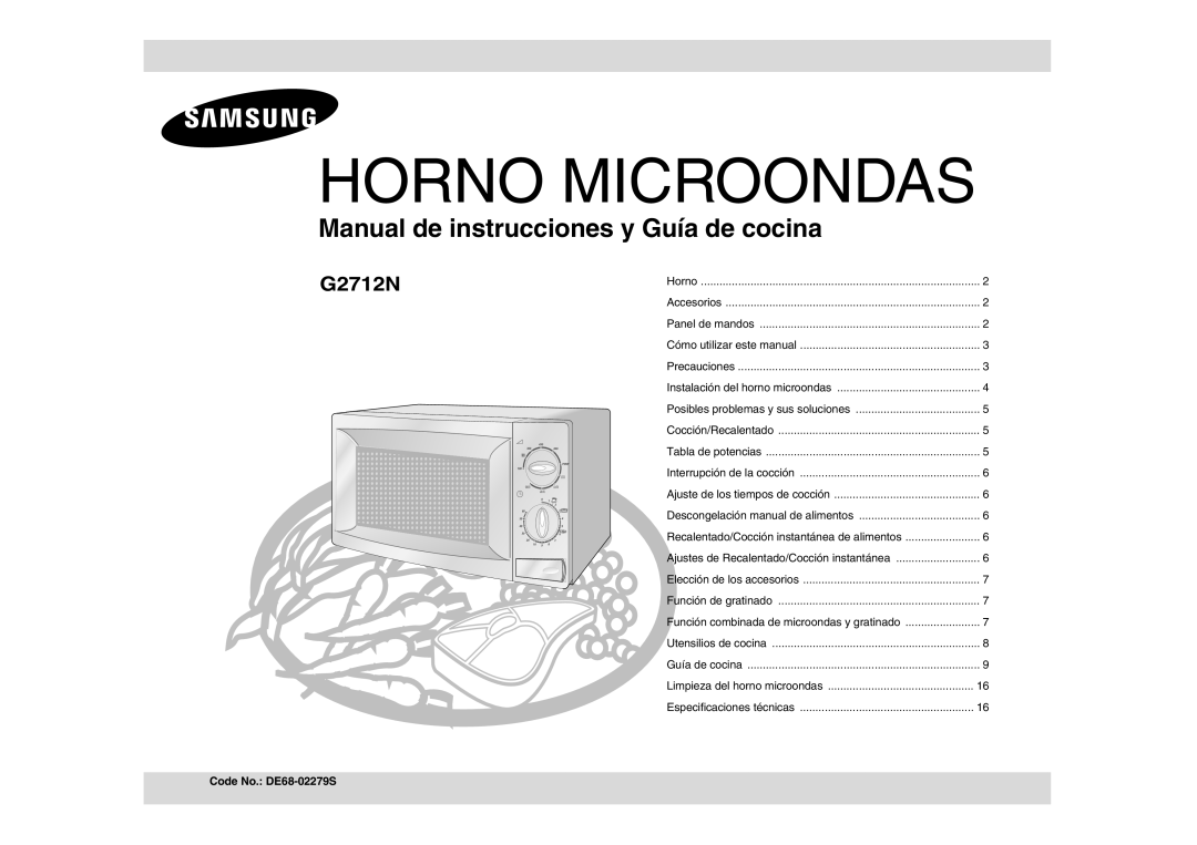 Samsung G2712N/XEC manual Code No. DE68-02279S, Limpieza del horno microondas Especificaciones técnicas 