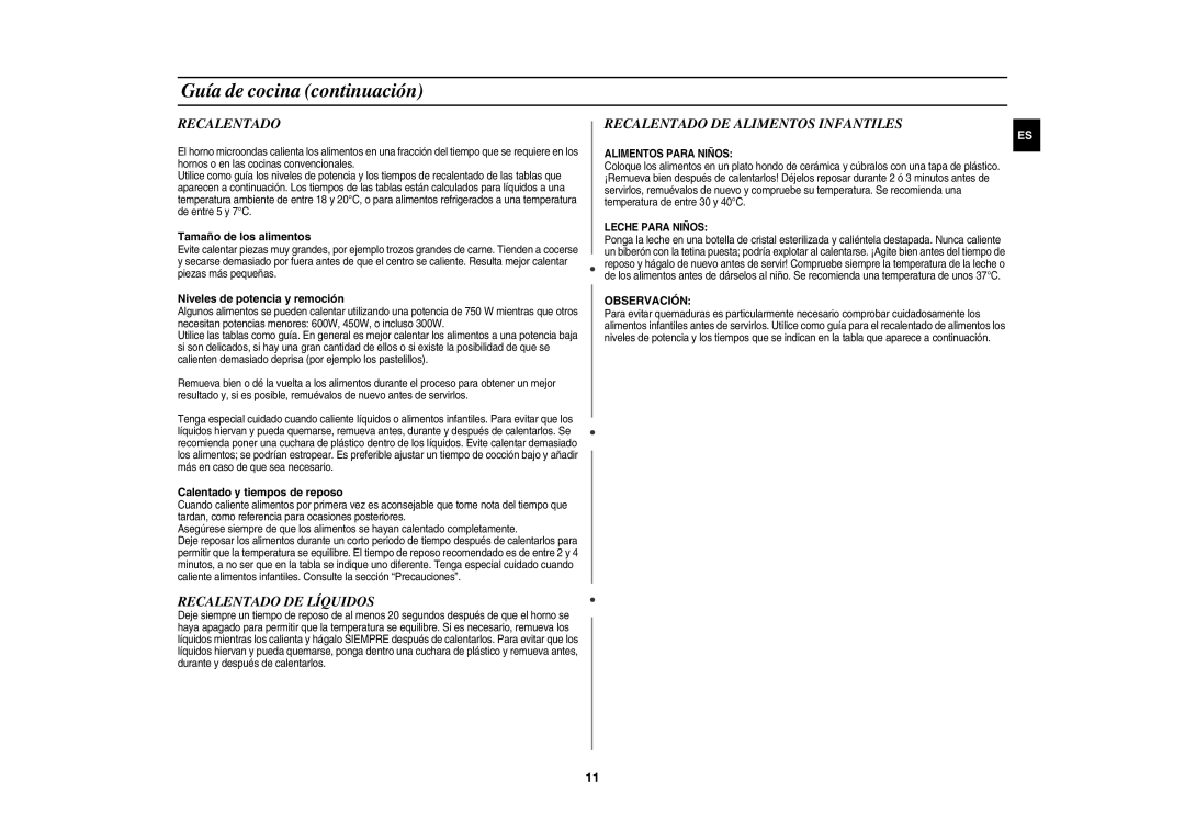 Samsung G2712N/XEC manual Recalentado DE Líquidos, Recalentado DE Alimentos Infantiles, Observación 