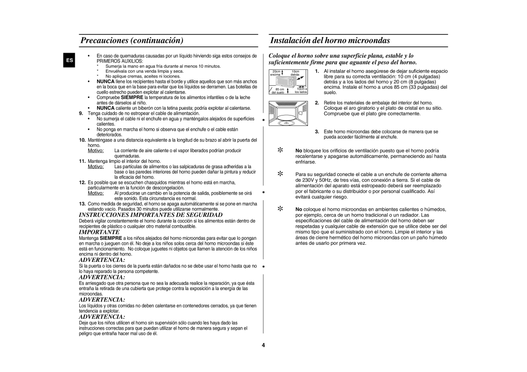 Samsung G2712N/XEC Precauciones continuación, Instalación del horno microondas, Instrucciones Importantes DE Seguridad 