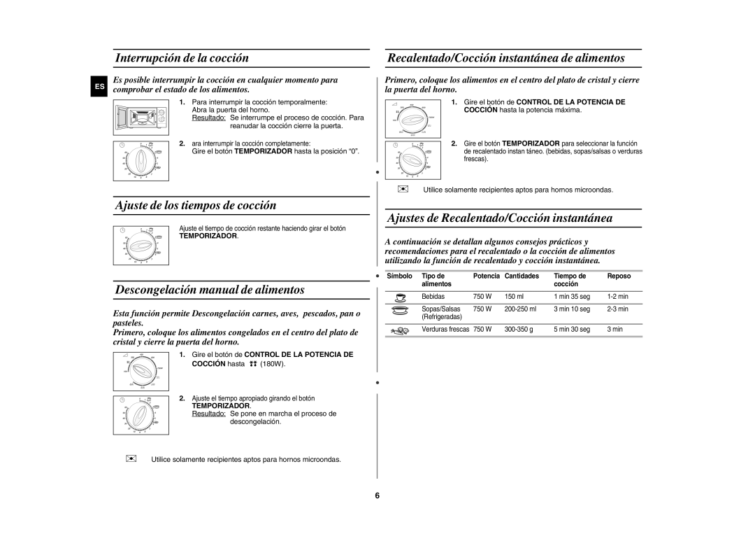 Samsung G2712N/XEC Interrupción de la cocción, Ajuste de los tiempos de cocción, Descongelación manual de alimentos 