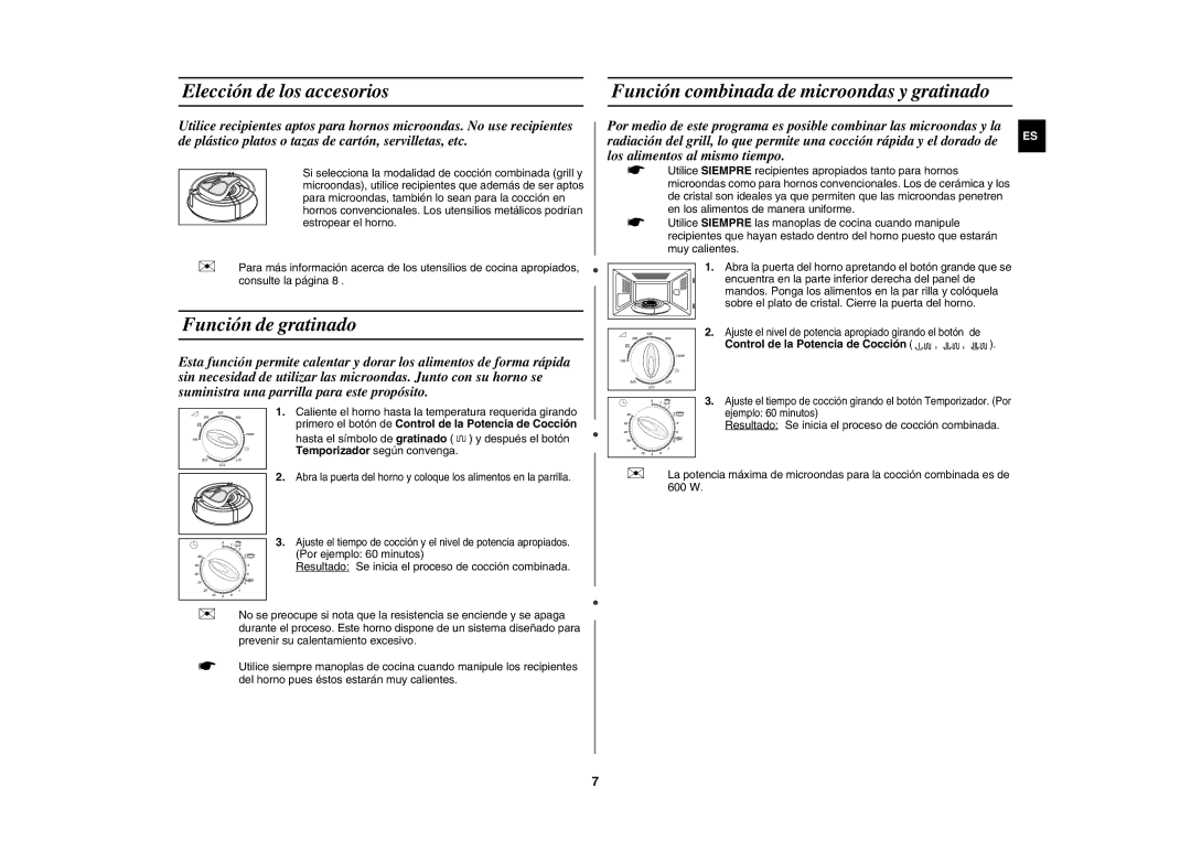 Samsung G2712N/XEC manual Elección de los accesorios, Función de gratinado, Función combinada de microondas y gratinado 