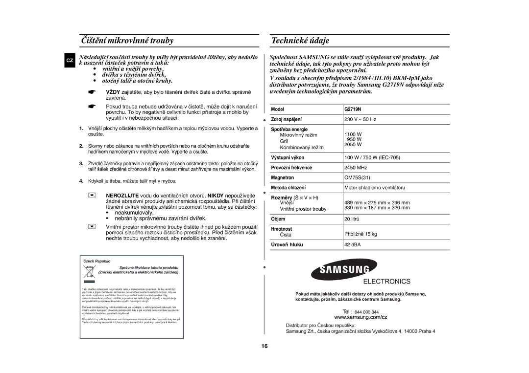 Samsung G2719N-S/XEH, G2719N/LIB, G2719N/GEN, G2719N/XEH manual Čištění mikrovlnné trouby, Technické údaje, Úroveň hluku 