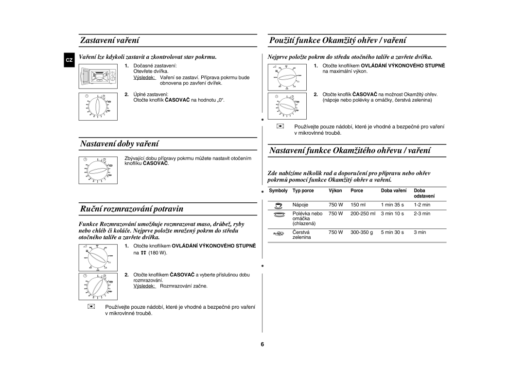 Samsung G2719N/GEN, G2719N-S/XEH manual Zastavení vaření, Nastavení doby vaření, Nastavení funkce Okamžitého ohřevu / vaření 