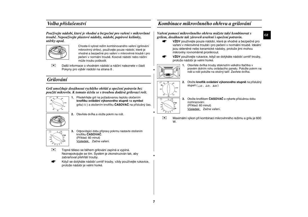 Samsung G2719N/XEH, G2719N-S/XEH, G2719N/LIB, G2719N/GEN manual Grilování, Grilu a otočením knoflíku Časovač na příslušný čas 