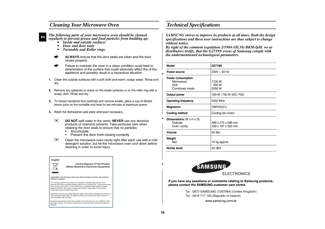 Samsung G2719N-S/XEH manual Cleaning Your Microwave Oven Technical Specifications, Dimensions W x H x D, Noise level 