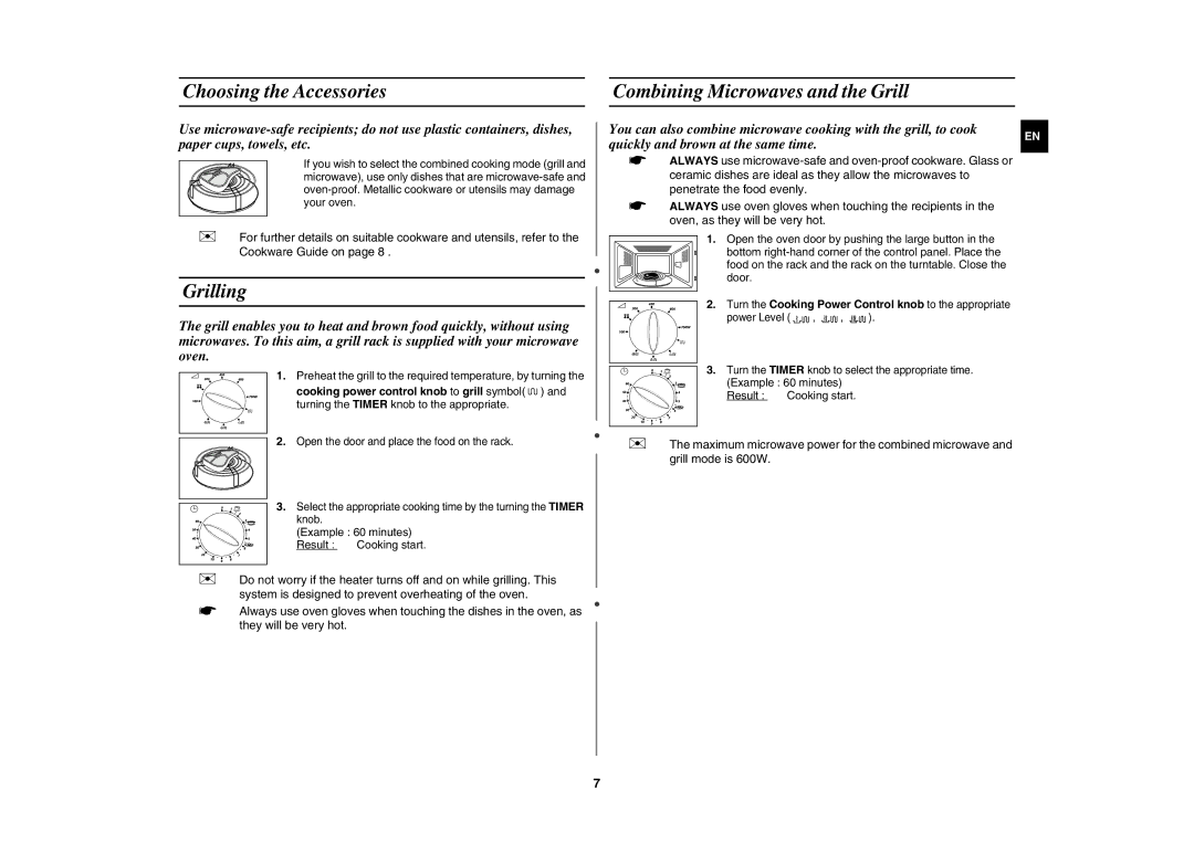 Samsung G2719N-S/XEH, G2719N-S/XET, G2719N-S/XEO manual Choosing the Accessories Combining Microwaves and the Grill, Grilling 