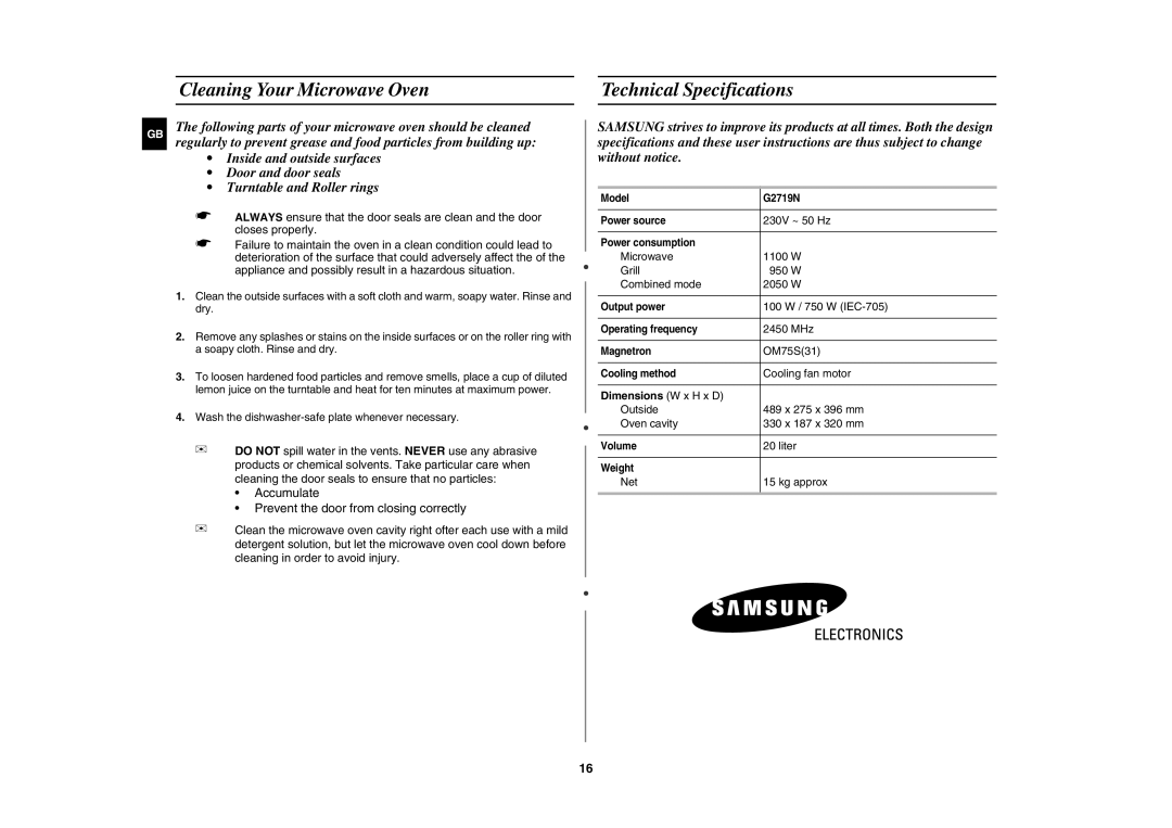 Samsung G2719N/ALB, G2719N/BOL, G2719N/ELE manual Cleaning Your Microwave Oven Technical Specifications, Dimensions W x H x D 