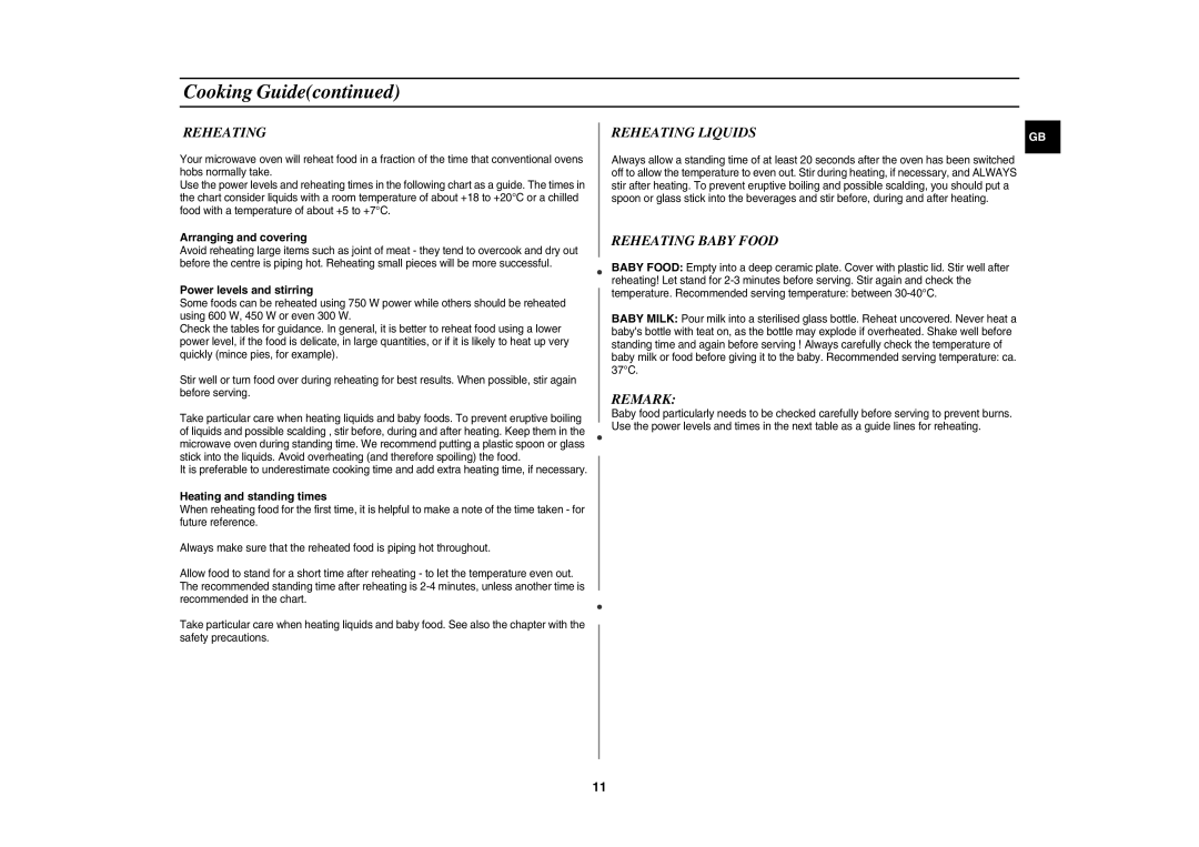 Samsung G2719N/ALB, G2719N/BOL manual Reheating Baby Food, Remark 