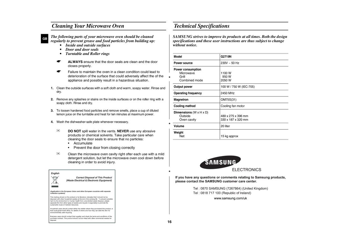 Samsung G2719N/BOL, G2719N/ALB manual Cleaning Your Microwave Oven Technical Specifications, Dimensions W x H x D 