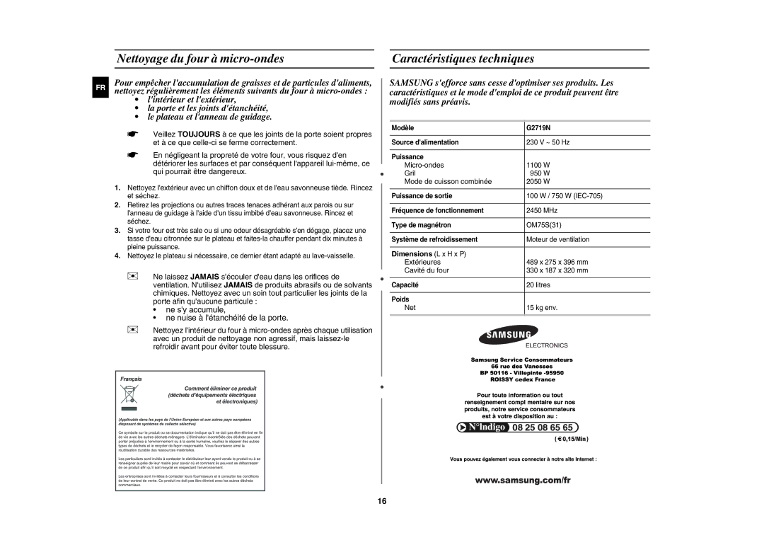 Samsung G2719NR/BWT, G2719N/XEF manual Nettoyage du four à micro-ondes, Caractéristiques techniques, Dimensions L x H x P 