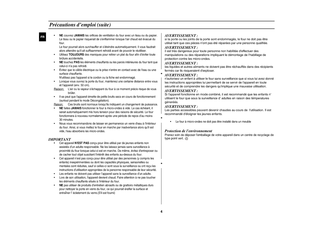 Samsung G2719NR/BWT, G2719N/XEF manual Précautions d’emploi suite, Avertissement 