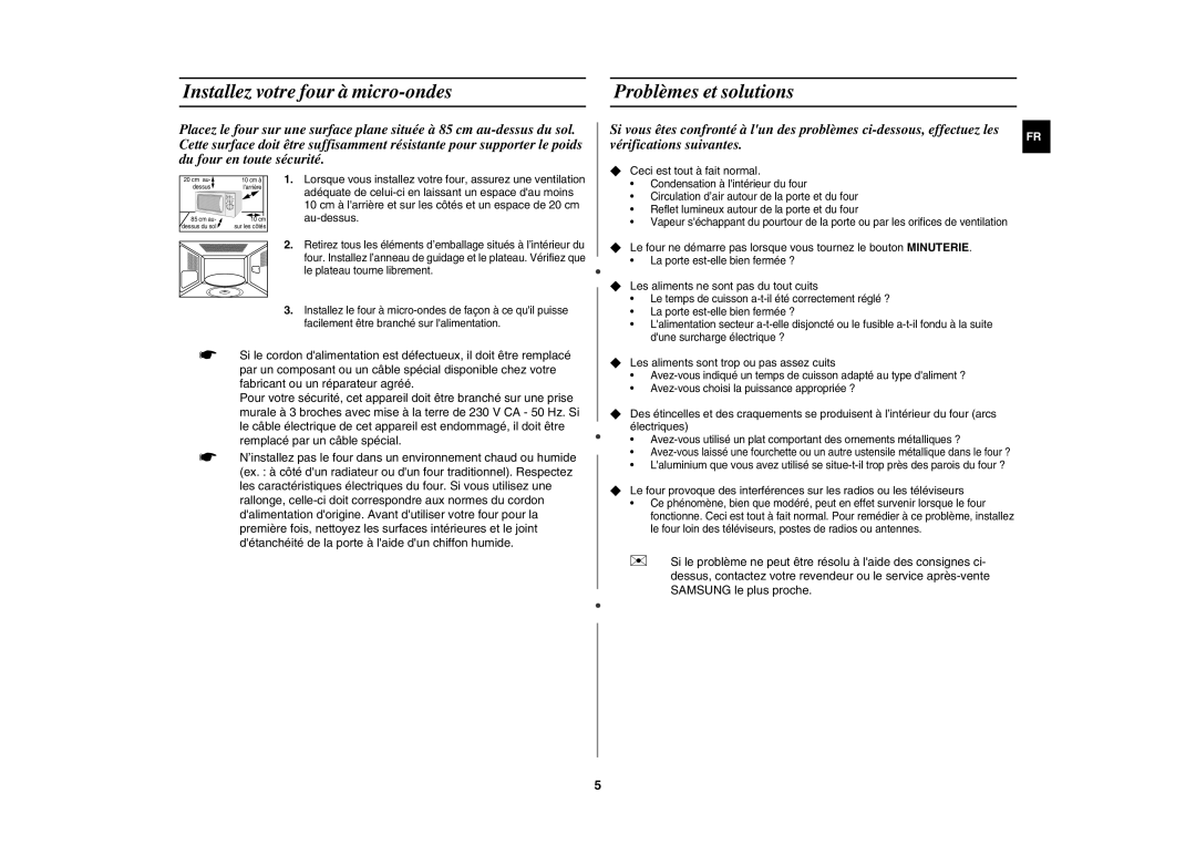 Samsung G2719N/XEF, G2719NR/BWT manual Installez votre four à micro-ondes Problèmes et solutions 