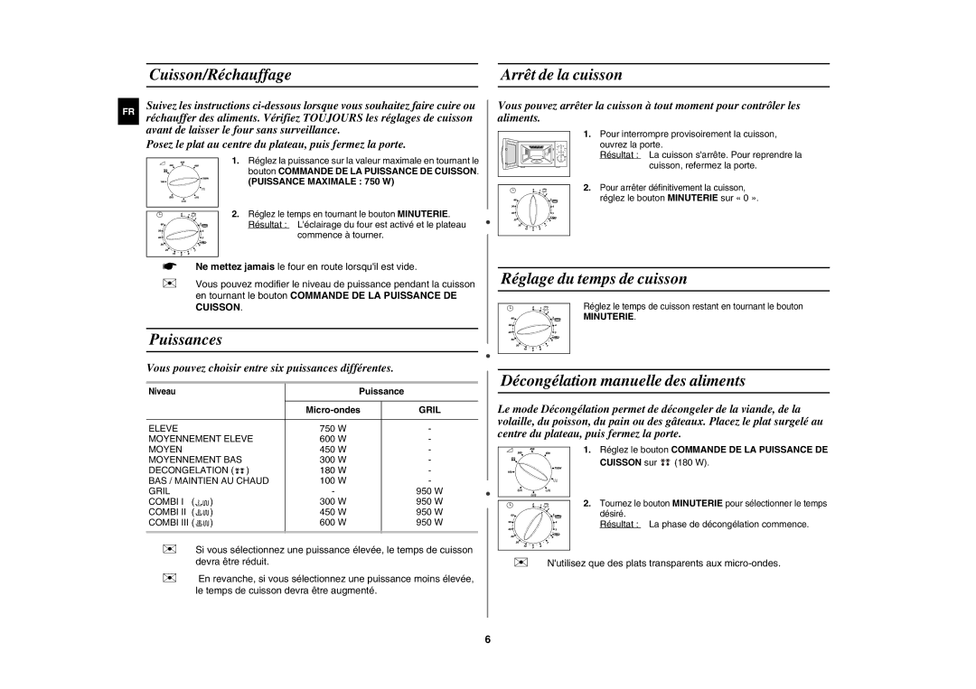 Samsung G2719NR/BWT, G2719N/XEF manual Cuisson/Réchauffage Arrêt de la cuisson, Puissances, Réglage du temps de cuisson 