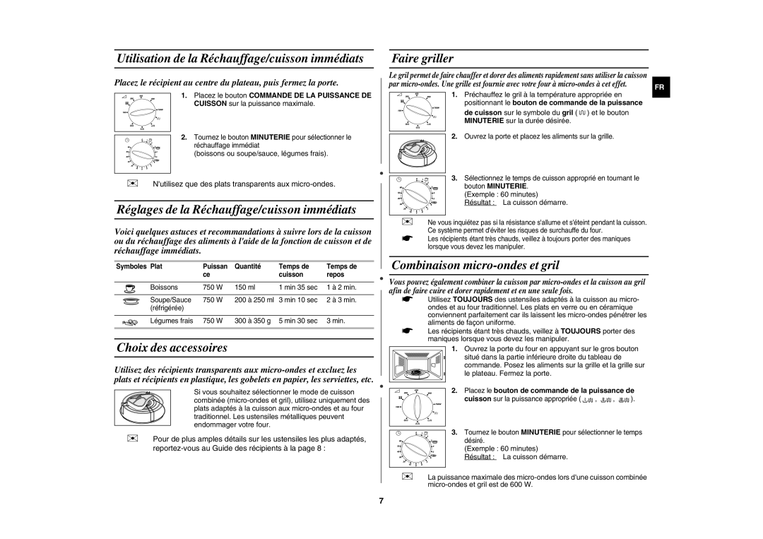 Samsung G2719N/XEF manual Utilisation de la Réchauffage/cuisson immédiats, Réglages de la Réchauffage/cuisson immédiats 