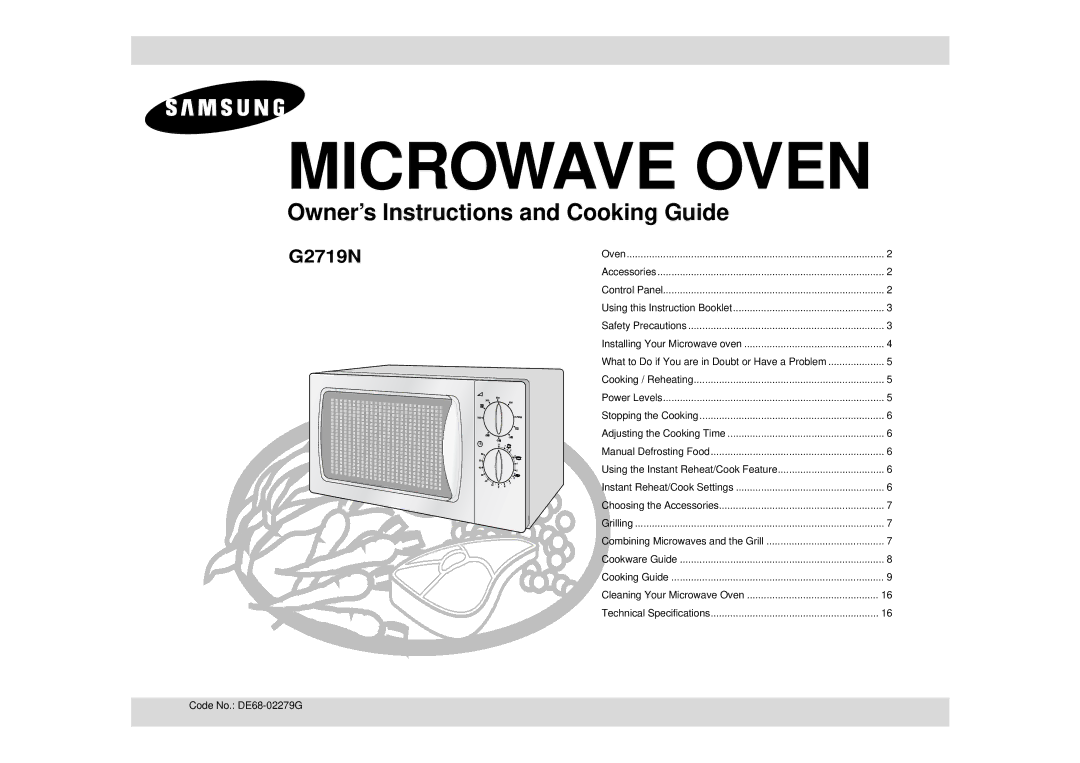 Samsung G2719N/XSV, G2719NR/BWT manual Microwave Oven, Code No. DE68-02279G 