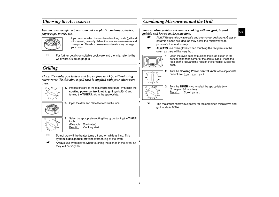 Samsung G2719N/XSV, G2719NR/BWT manual Choosing the Accessories Combining Microwaves and the Grill, Grilling 