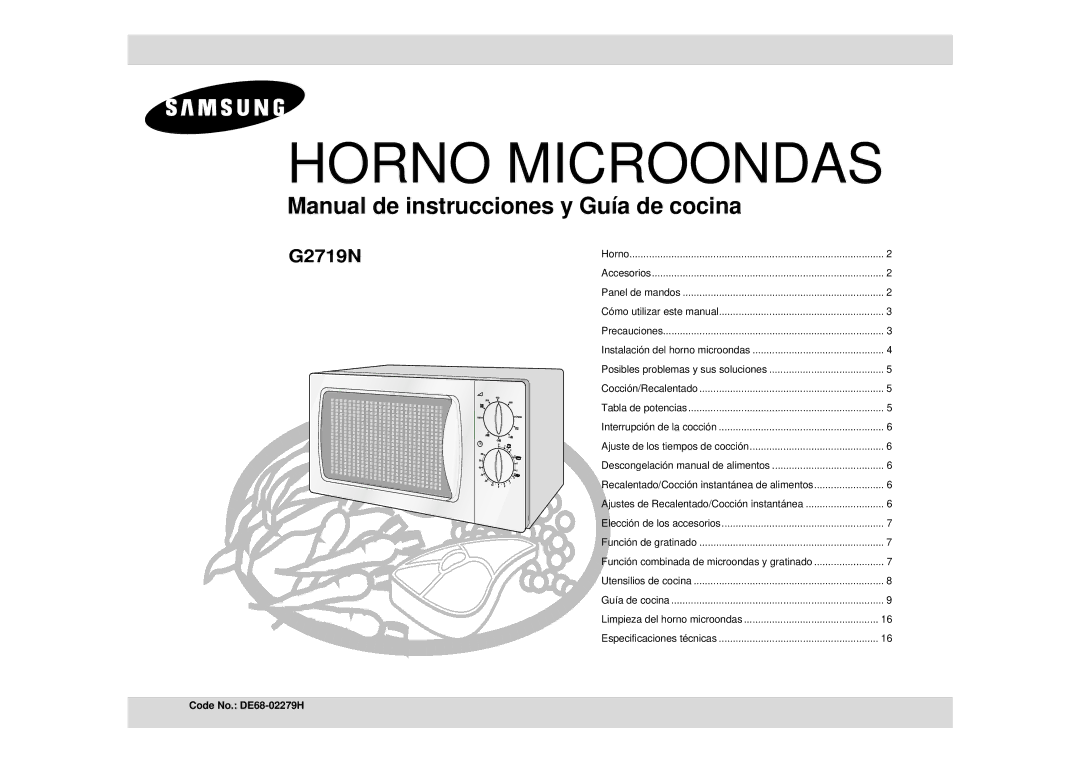 Samsung G2719N/DOR, G2719N/XEC manual Horno Microondas, Code No. DE68-02279H 