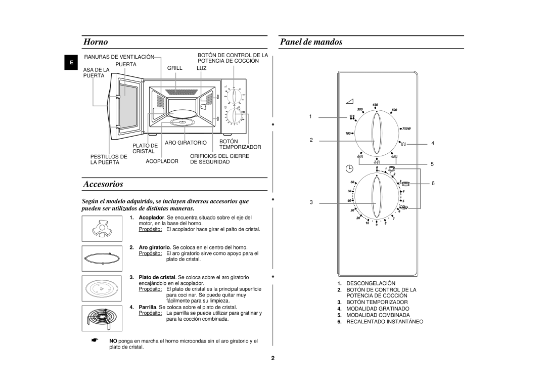 Samsung G2719N/XEC, G2719N/DOR manual Horno, Panel de mandos, Accesorios 