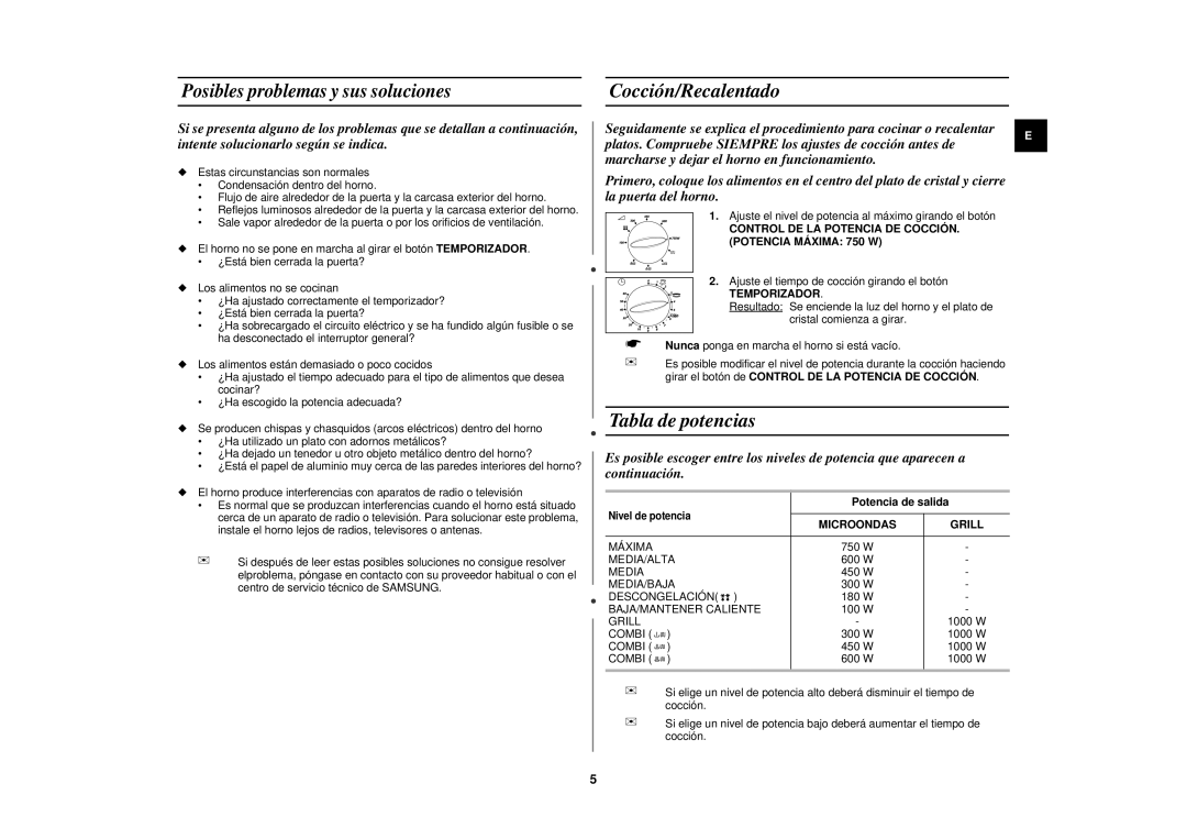 Samsung G2719N/DOR manual Cocción/Recalentado, Tabla de potencias, Control DE LA Potencia DE COCCIÓN. Potencia Máxima 750 W 