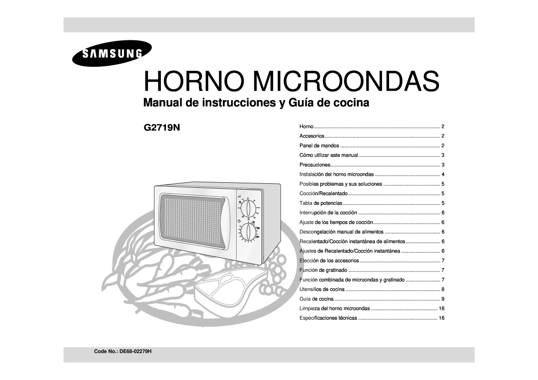 Samsung G2719N/DOR, G2719N/XEC manual Horno Microondas, Manual de instrucciones y Guía de cocina, Code No. DE68-02279H 