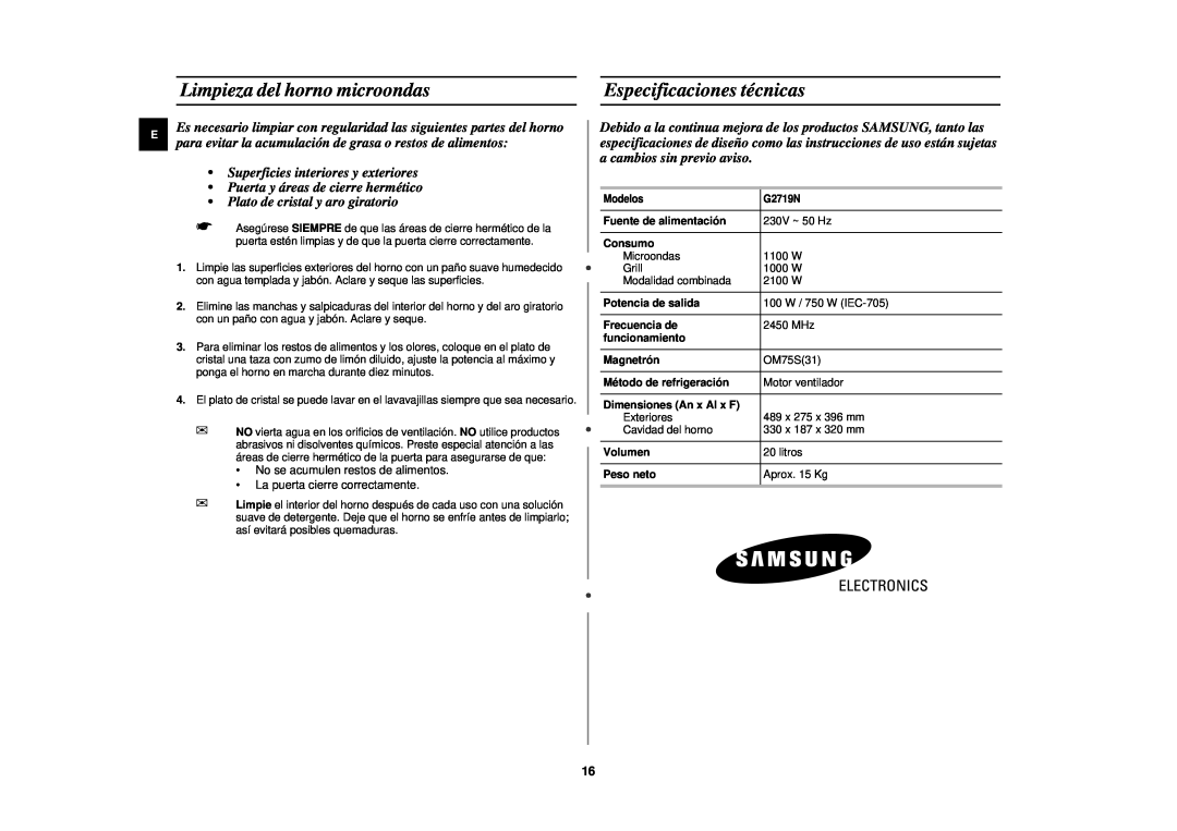 Samsung G2719N/XEC Limpieza del horno microondas, Especificaciones técnicas, Fuente de alimentación, Consumo, Magnetrón 