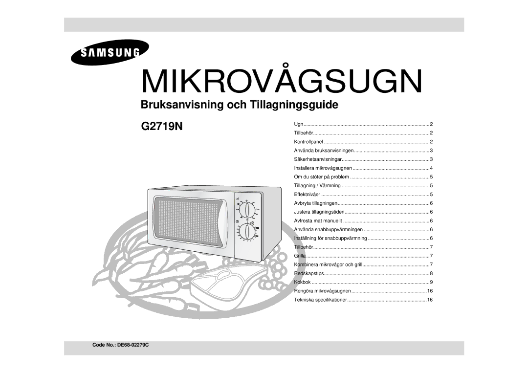 Samsung G2719N/XEE manual Mikrovågsugn, Code No. DE68-02279C 