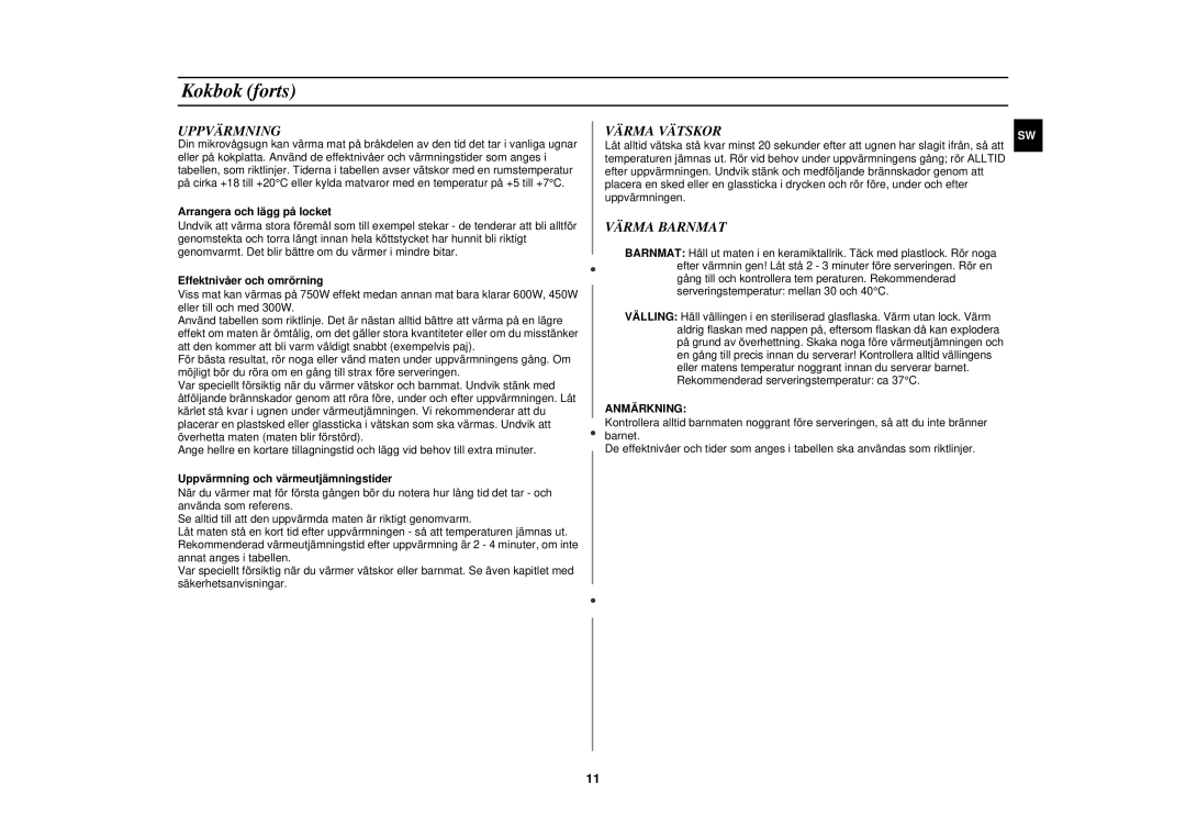 Samsung G2719N/XEE manual Uppvärmning, Värma Vätskor, Värma Barnmat, Anmärkning 