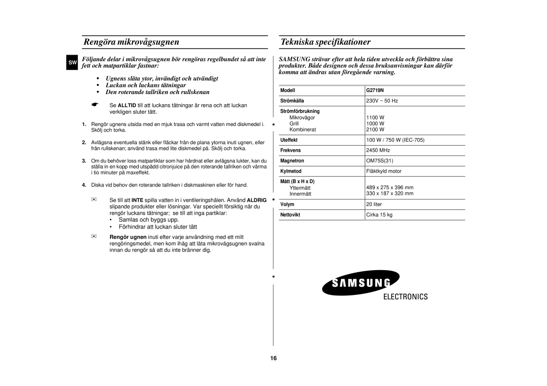 Samsung G2719N/XEE Rengöra mikrovågsugnen Tekniska specifikationer, Samlas och byggs upp Förhindrar att luckan sluter tätt 