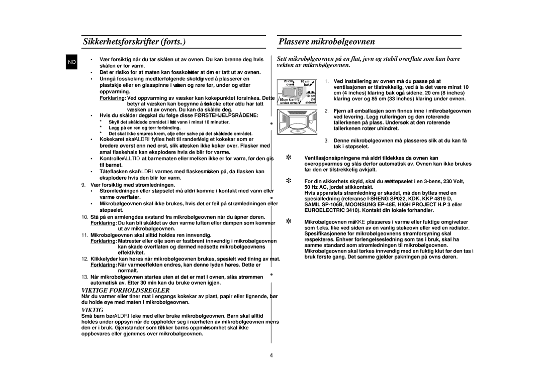 Samsung G2719N/XEE manual Sikkerhetsforskrifter forts, Plassere mikrobølgeovnen, Viktige Forholdsregler 