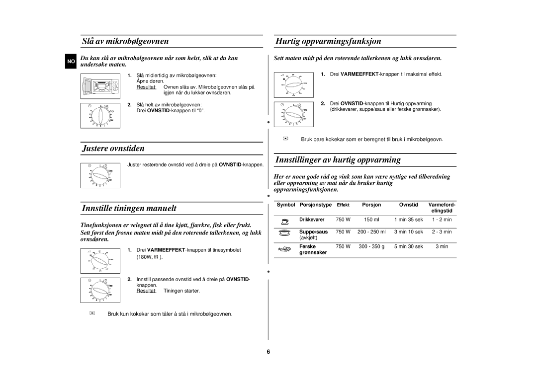 Samsung G2719N/XEE manual Slå av mikrobølgeovnen, Hurtig oppvarmingsfunksjon, Justere ovnstiden, Innstille tiningen manuelt 