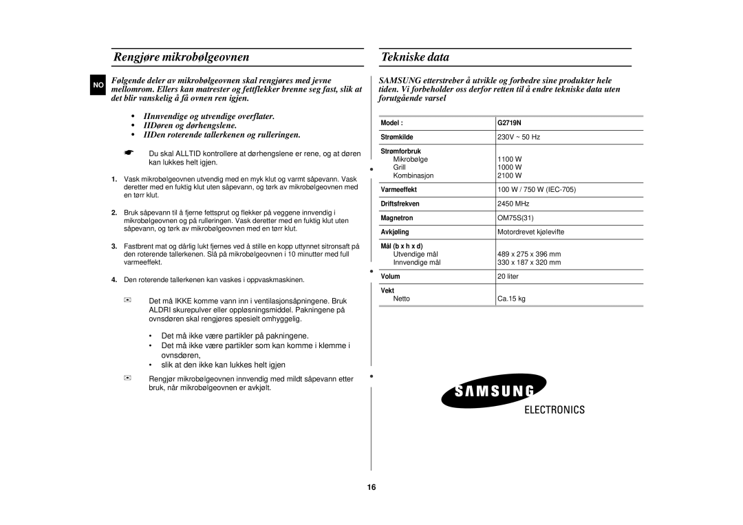 Samsung G2719N/XEE manual Rengjøre mikrobølgeovnen, Tekniske data 